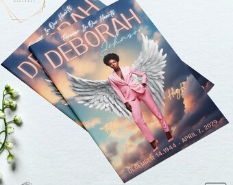 Funeral Program w/ Sky and Angel Wings. Magazine Style Obituary. 4 Pages