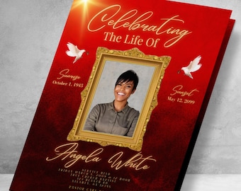 Elegant Red and Gold Tabloid Funeral Program. Canva Template. 8 Pages Magazine Style Celebration of Life Booklet. Size 8.5x11 inches.