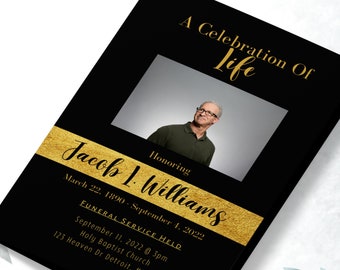 Funeral Program in Black and Gold. Obituary. Celebration of Life Canva Template.