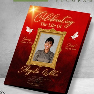 Elegant Red and Gold Tabloid Funeral Program. Canva Template. 8 Pages Magazine Style Celebration of Life Booklet. Size 8.5x11 inches.