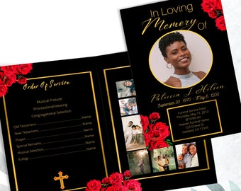 8 Page Black Funeral Program With Red Roses with Gold. Size 11x17 Magazine Style. Celebration of Life
