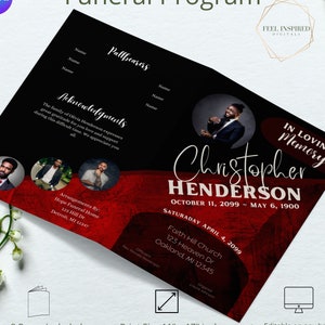 8 Page Red and Black Elegant Funeral/Memorial Program. Canva Template. Tabloid Size