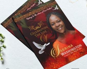 Funeral Program in Red and Gold Roses. Large Magazine Style Booklet. Canva Template. Size 11x17 inches