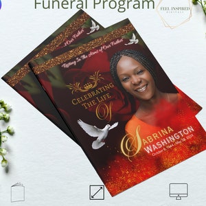 May include: Funeral program template featuring a red rose and gold glitter background. The text "Celebrating the Life of Sabrina Washington" is in gold lettering. The program is 11 inches by 17 inches and folds to 8.5 inches by 11 inches.