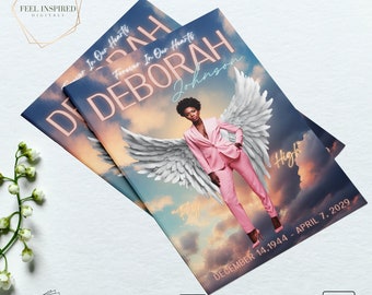 Funeral Program w/ Sky and Angel Wings. Magazine Style Obituary. 4 Pages