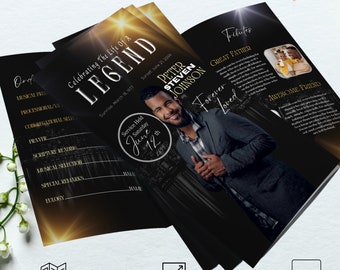 Trifold Black Legend Magazine Style Funeral Memorial Program | Canva Template. Size 11x17 “