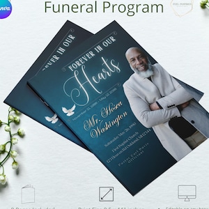 Male Blue/Green Funeral Program, Tabloid Template, Obituary, Magazine Style Forever In Our Hearts. Size 8.5x11 inches. 8 pages