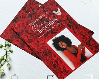 Red Roses Obituary Funeral Program Booklet. Size 11x17 Magazine Style. Celebration of Life 8 Pages.