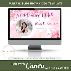 Pink Floral Funeral Slideshow Presentation, Memorial Video. Photo Collage Tribute, Canva Template