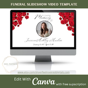 Red Roses Funeral Slideshow Presentation, Memorial Video. Photo Collage Tribute, Canva Template