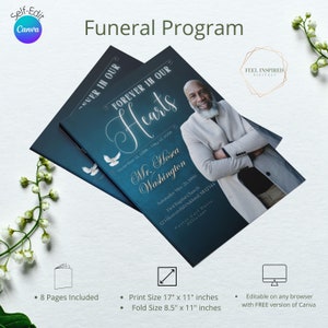 Male Blue Funeral Program, Tabloid 8 Page Template, Forever In Our Hearts Obituary, Magazine Style  In Loving Memory. Size 17x11 inches