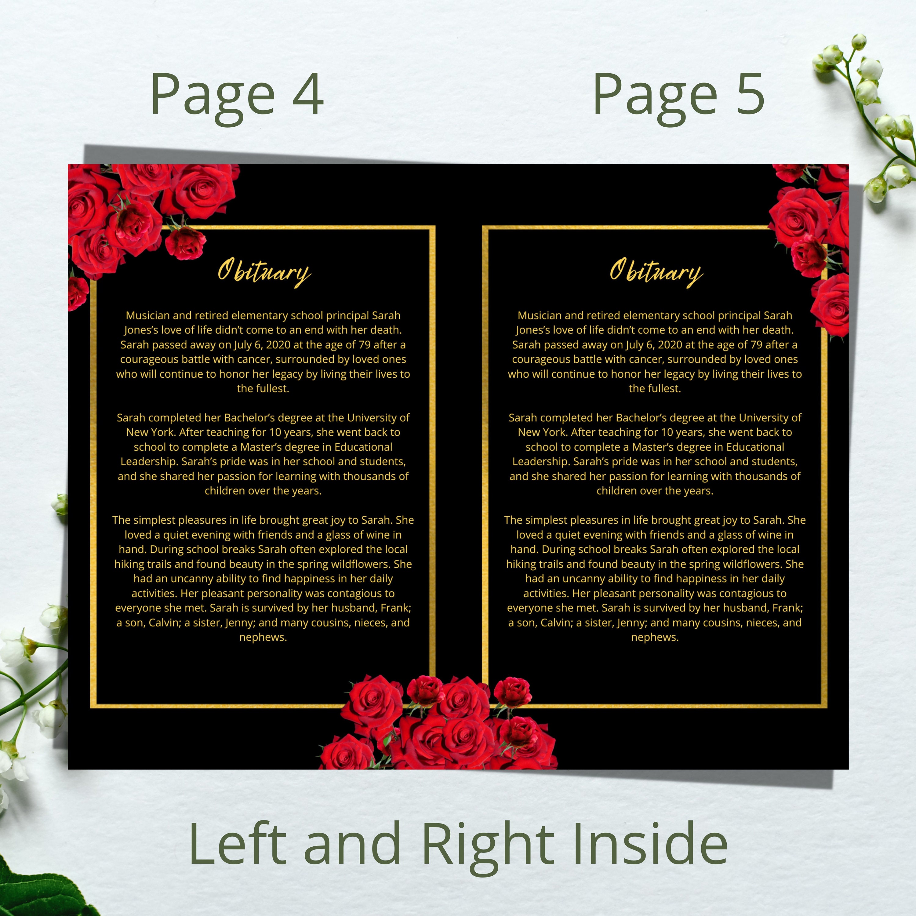 Red Roses Funeral Program Template: Black & Gold, 8-page (canva ...