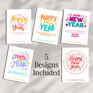Jeu de 25 cartes personnalisées Happy New Year | Jeu de cartes 2025 avec enveloppes blanches | 5 modèles inclus