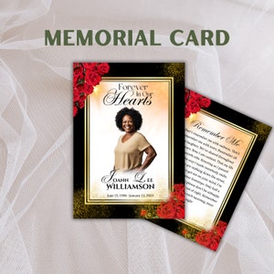 Cartões de oração personalizados | Lembrança Memorial 'Rosas Vermelhas' | Lembrança Funeral | Impresso | Laminado ou Cartolina | Celebração da Vida