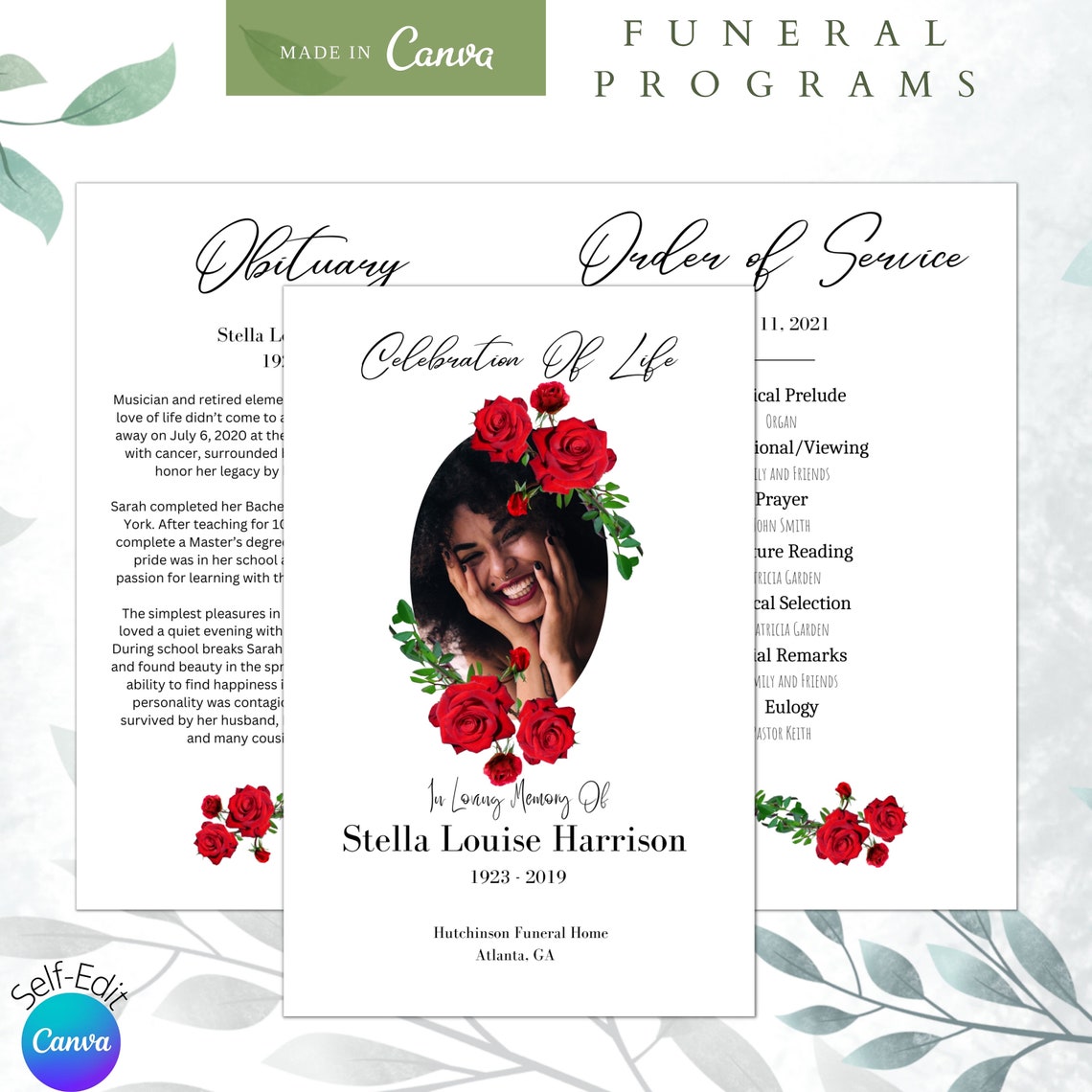 Editable Funeral Memorial Program With Red Roses. Canva Etsy