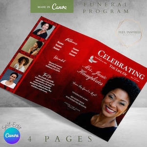 Red Roses Funeral Program Template: Celebration of Life (Canva Editable, 8.5x11 Inches)