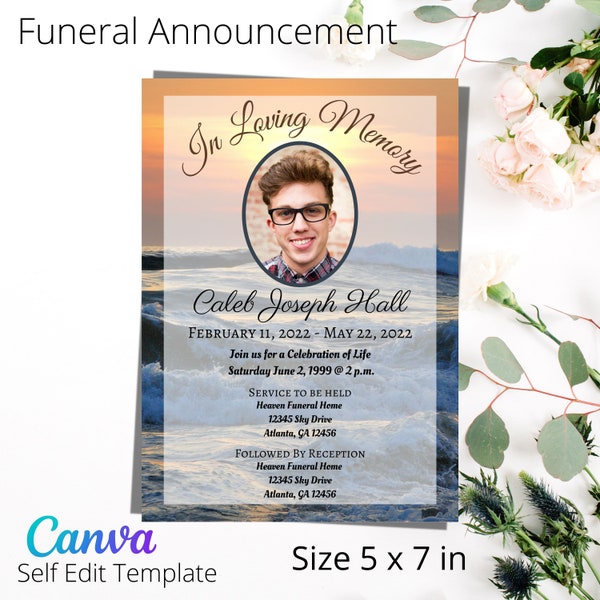 Ocean Memorial Invitation, Celebration of Life Funeral Invite. Editable Template with Canva. Beach Sunset