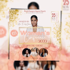 Folheto de conferência feminina, modelo de folheto de igreja. Anúncio de mídia social Rose Gold, modelo Canva