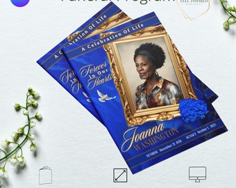 Blue & Gold Funeral Program Template: Celebration of Life, 8 Pages (Canva Template)