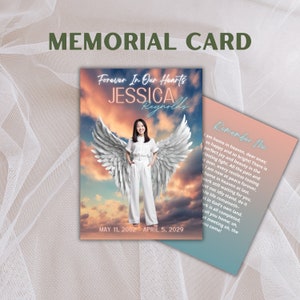 Cartões personalizados de memorial/oração |  Céu com asas de anjo | Lembrança memorável personalizada | Lembrança Funeral | Impresso | Laminado ou cartolina