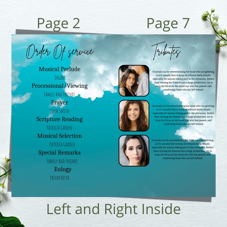 Blue Funeral Program Template. Memorial Service Program With Etsy