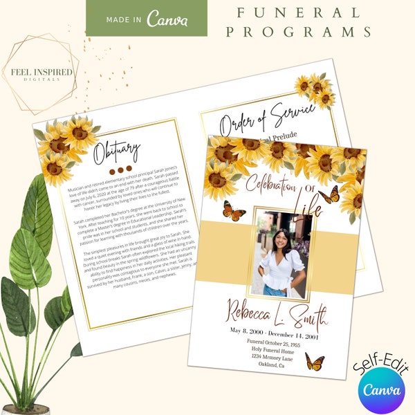 Sunflower Funeral Program. 4 Page Canva Template. 8.5"x11" inches.