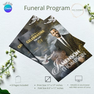 Black & Gold Funeral Program Template: Magazine Style (Canva, 17x11 inches)