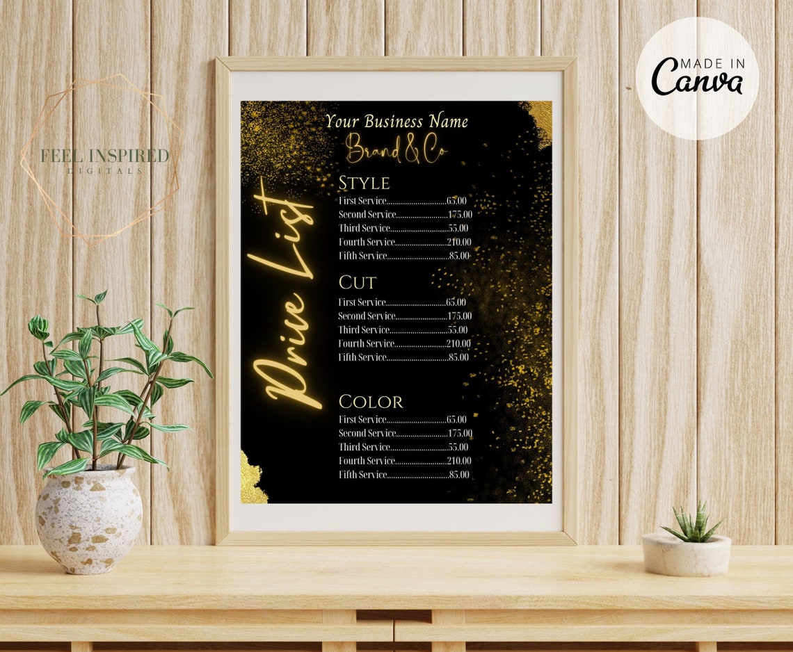 Black and Gold Price List Template. Small Business DIY - Etsy