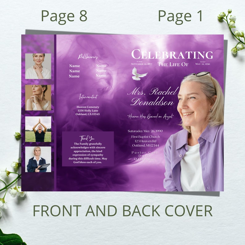 8 Page Purple Funeral Program. Canva Template Size 8.5x11. Etsy