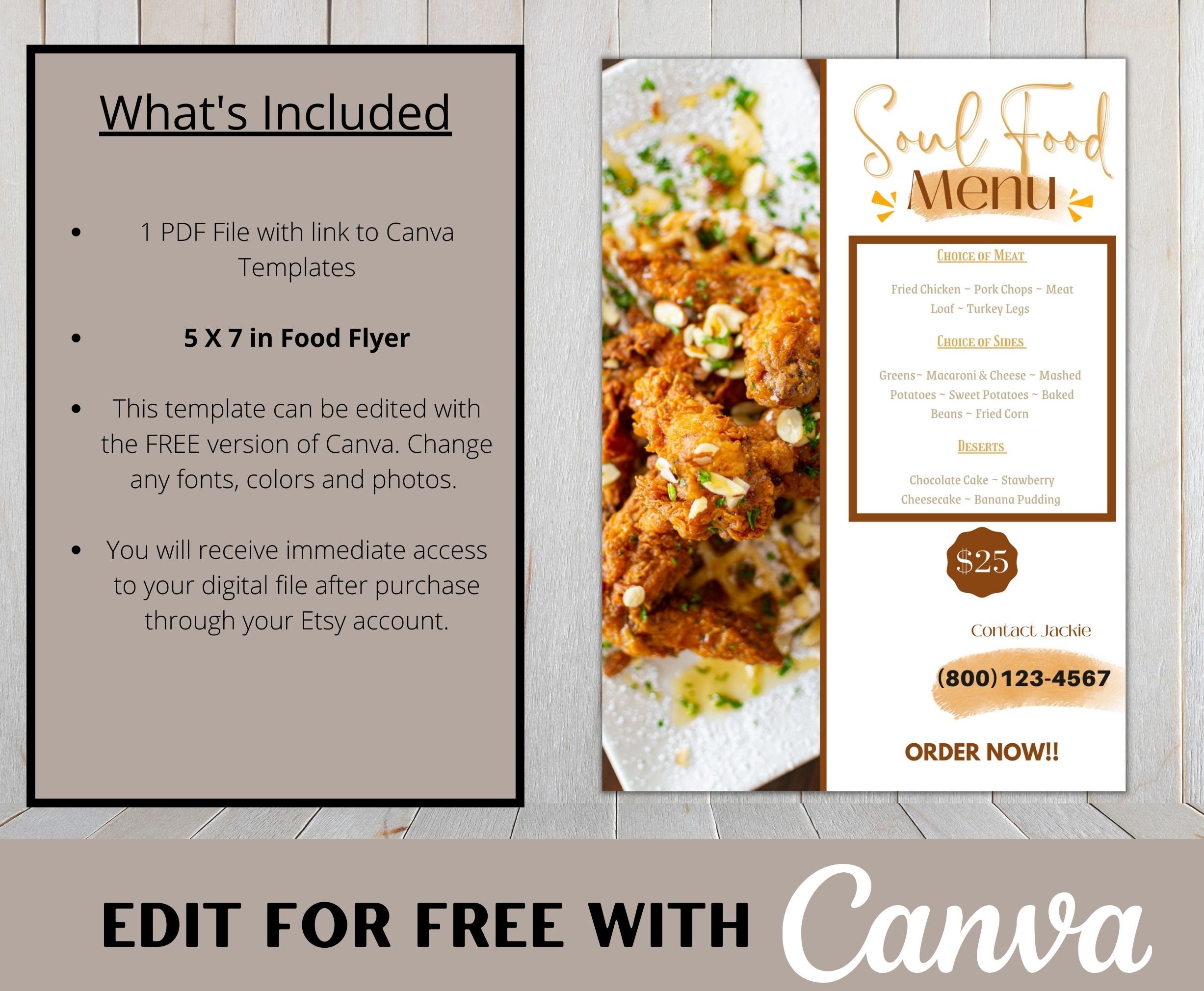 Soul Food Menu Flyer. 5x7in Canva Template. Small Business - Etsy
