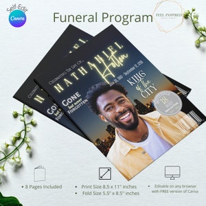 Programa funerario/conmemorativo estilo revista City View. Plantilla de Canva. Tamaño 8,5x11 pulgadas