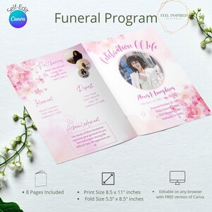 Modèle de programme d&#39;obsèques (rose), modèle de nécrologie modifiable en deux volets au format tabloïd.