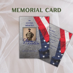 Tarjeta de veterano personalizada / Tarjeta conmemorativa / Tarjetas de oración funeraria personalizadas impresas / Bandera del ejército estadounidense / Laminada o cartulina