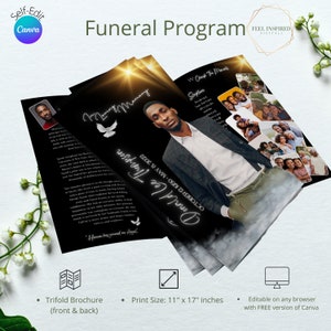 Trifold Black Magazine Style Funeral/Memorial Program. Canva Template. Size 11x17 inches