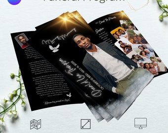 Trifold Black Magazine Style Funeral/Memorial Program. Canva Template. Size 11x17 inches