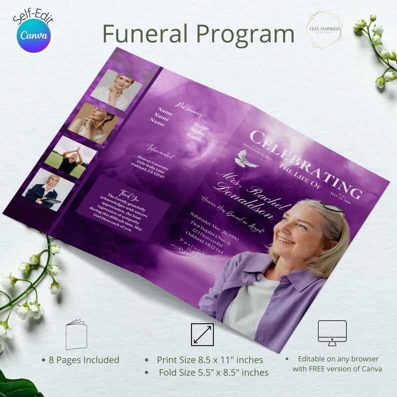 8 Page Purple Funeral Program. Canva Template Size 8.5x11. Etsy