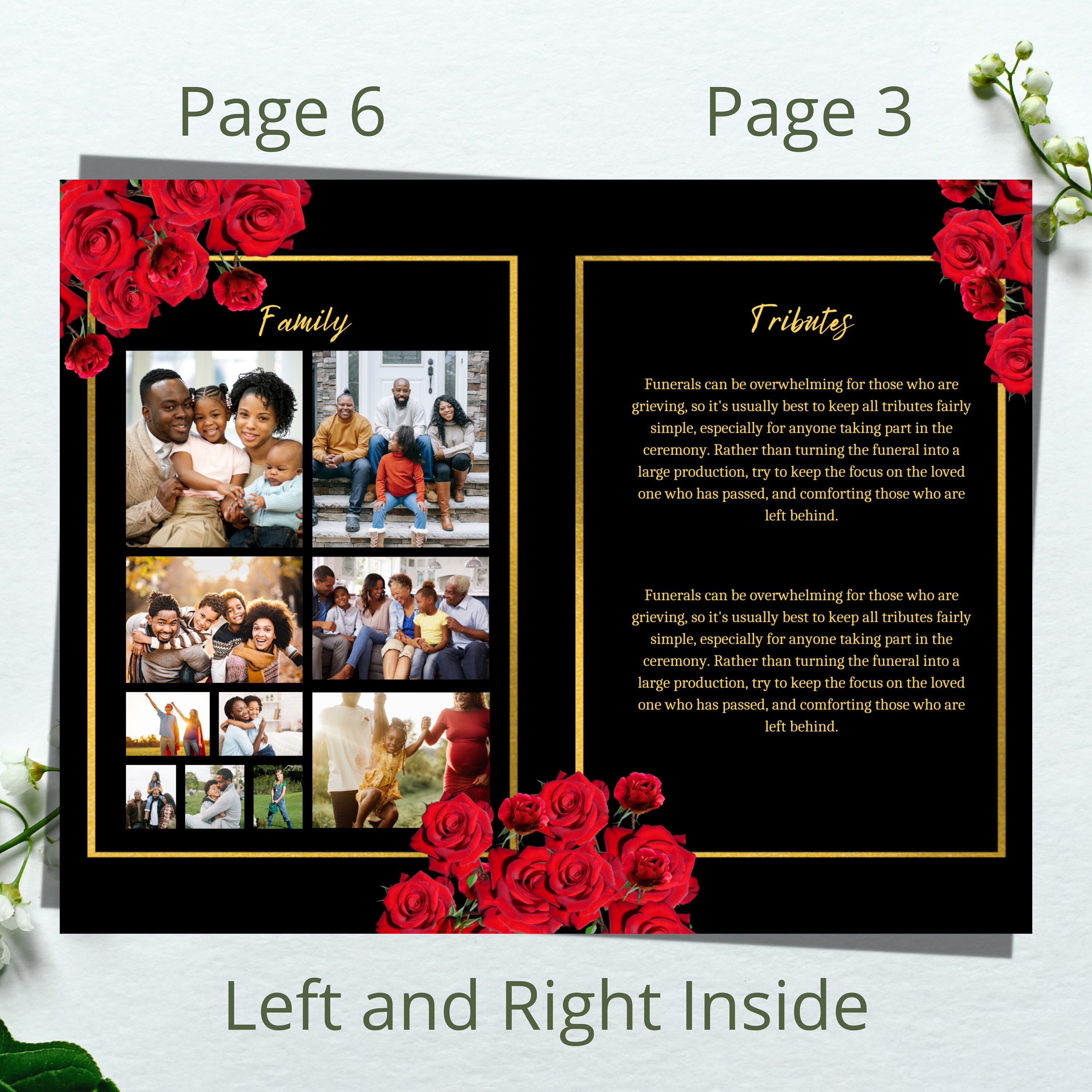 Red Roses Funeral Program Template: Black & Gold, 8-page (canva ...