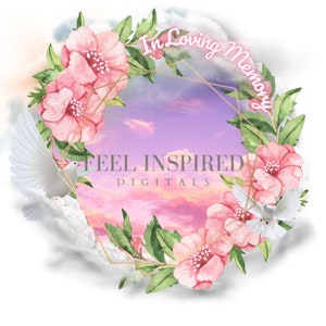 In Loving Memory PNG Pink Sky with Clouds and Flowers. Memorial Background. Rest in Peace, RIP T-Shirt Photo
