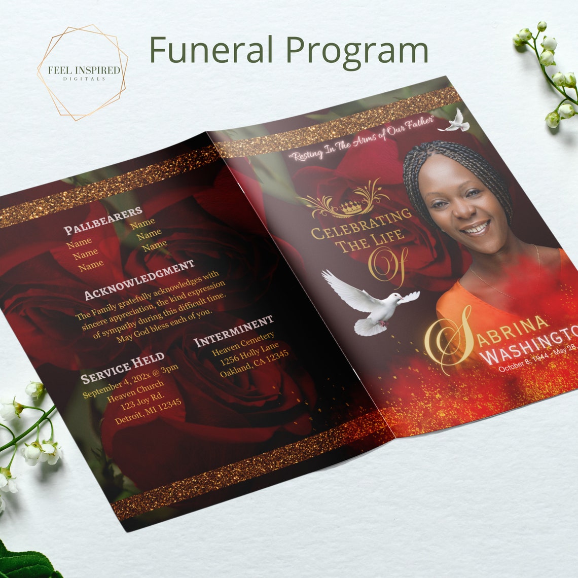 Funeral Program in Red and Gold Roses. Large Magazine Style Booklet ...