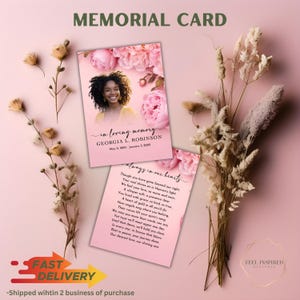 May include: A memorial card with a photo of a woman and floral accents. The card reads "in loving memory" and includes a poem. The background is a soft pink, with dried flowers and text that says "Memorial Card".