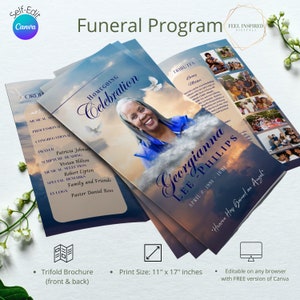 Beautiful Sky with Clouds Tri-Fold Funeral Program Template, Obituary, Magazine Style  In Loving Memory Program. Size 11x17 inches.