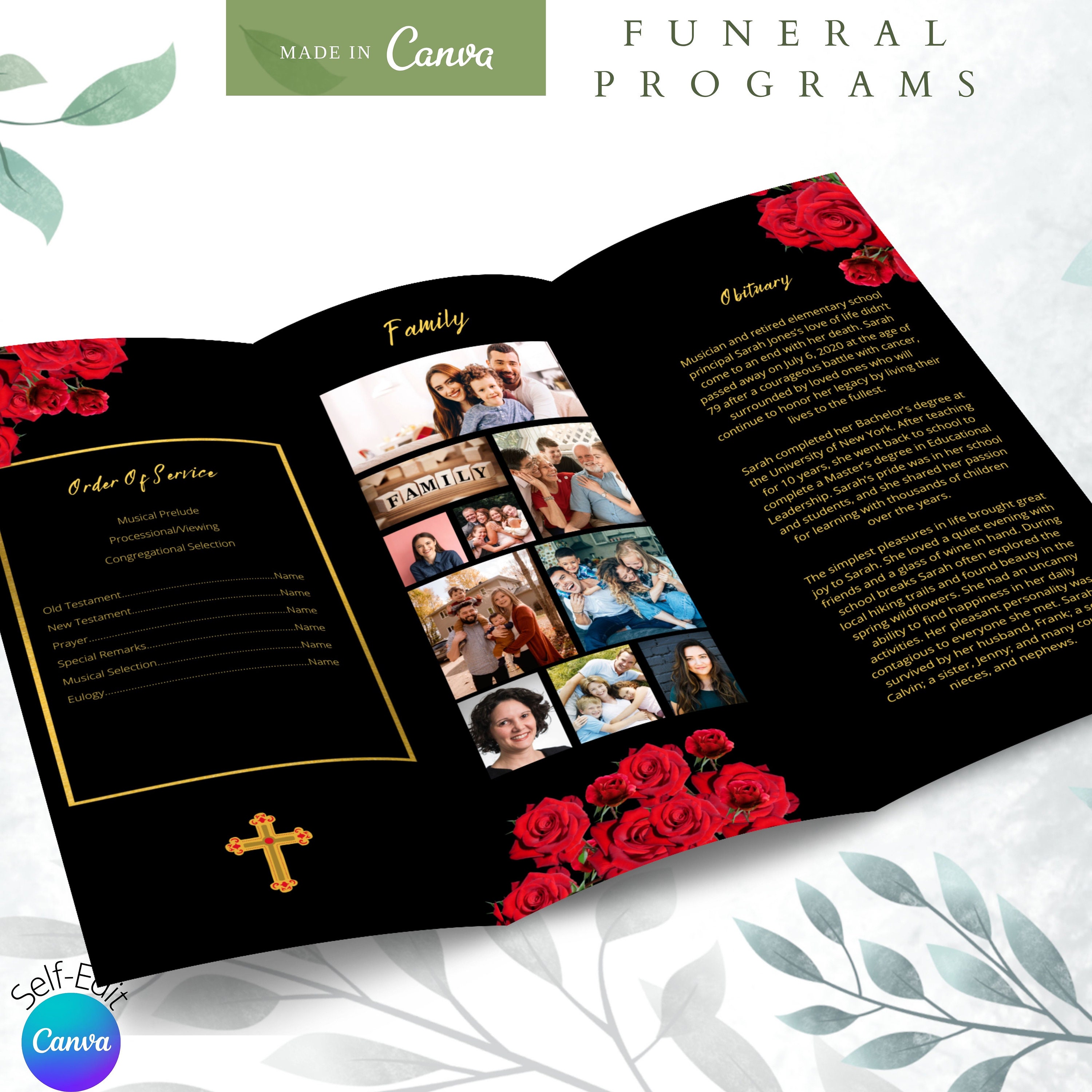 Trifold Black and Gold Funeral Program With Red Roses. Size Etsy