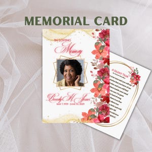 Cartes commémoratives/de prière | Fleurs roses et dorées | Souvenir commémoratif personnalisé | Souvenir funéraire personnalisé | Imprimé | Papier laminé ou cartonné