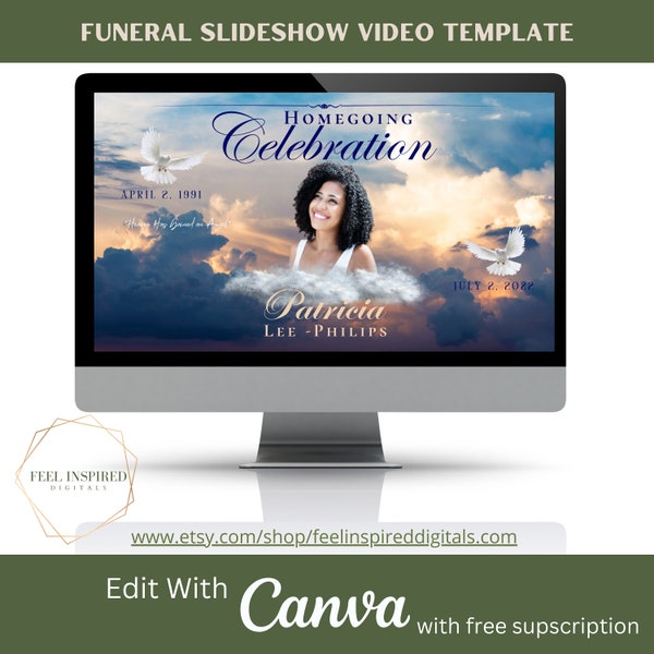 Beautiful Sky Funeral Slideshow Presentation Memorial Video. Photo Collage Tribute, Canva Template