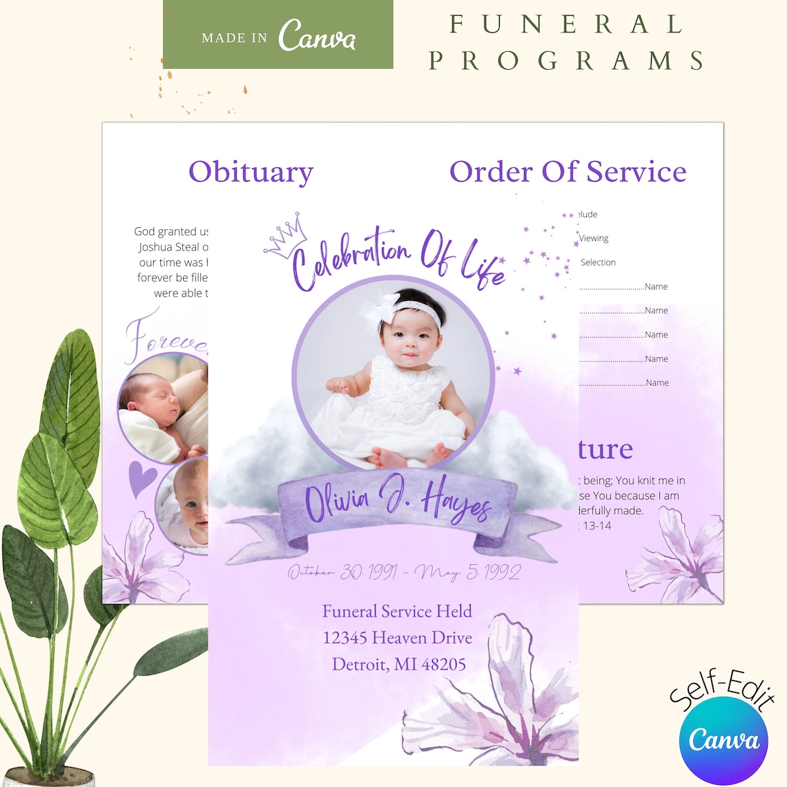Purple Baby/child Funeral Program Template. Girl/female Etsy