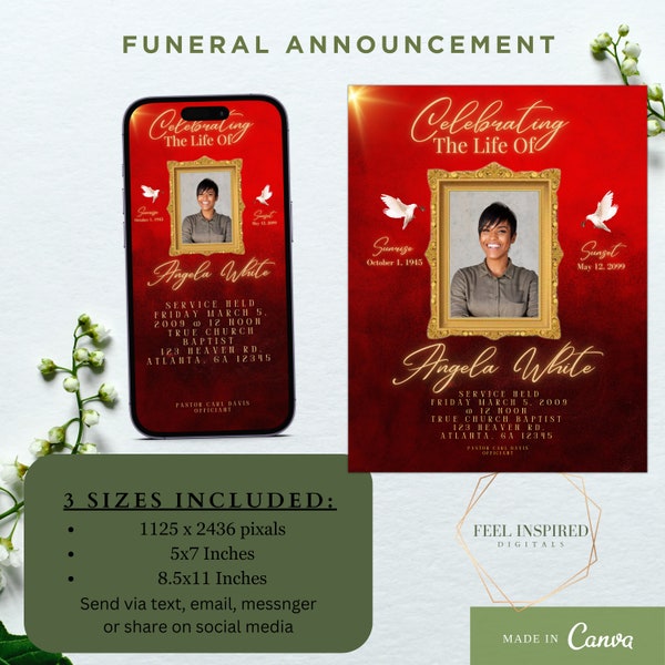 Red and Gold Funeral Announcement Template. Electronic Funeral Invite.