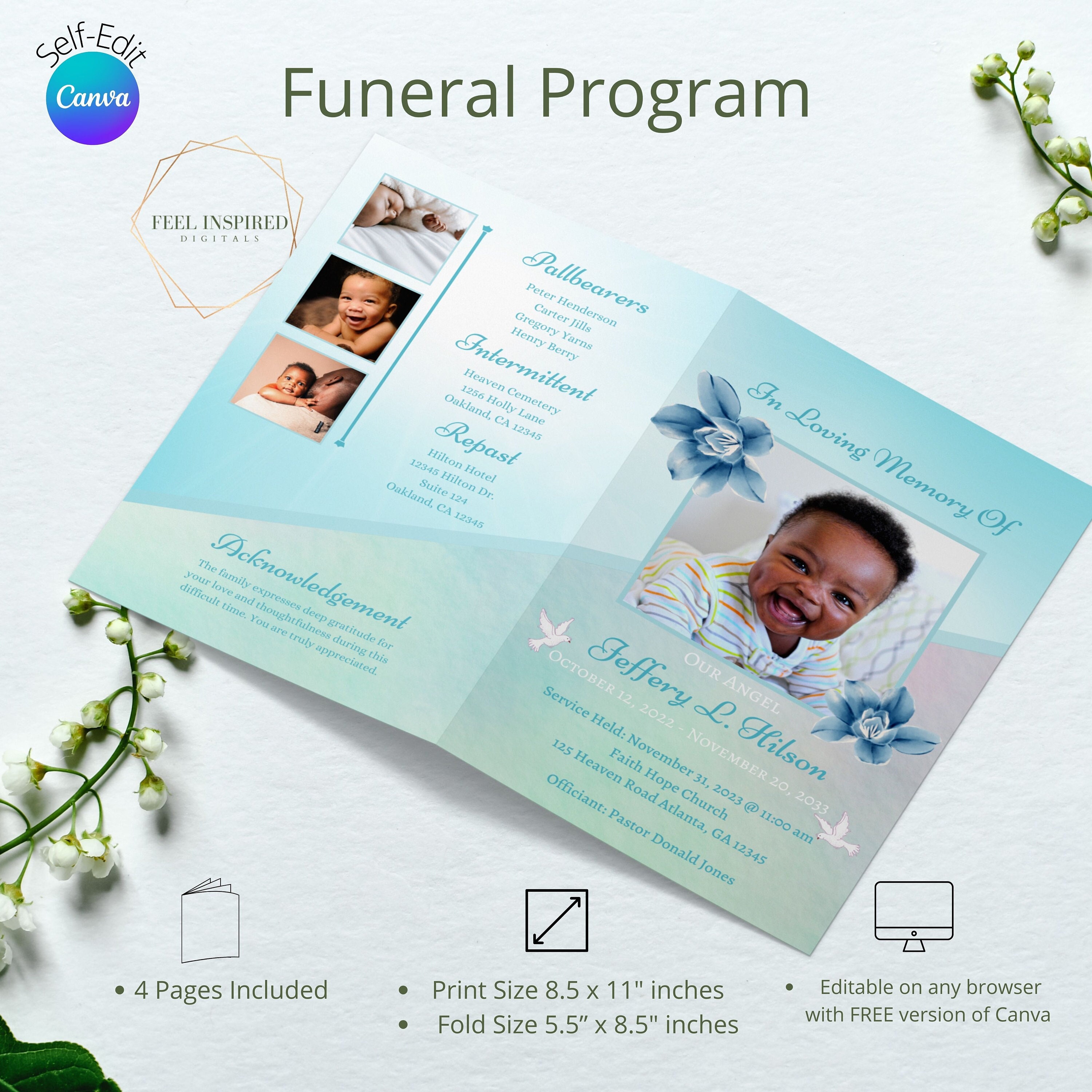 Blue Baby Funeral Program. Child Stillborn Memorial Canva Etsy