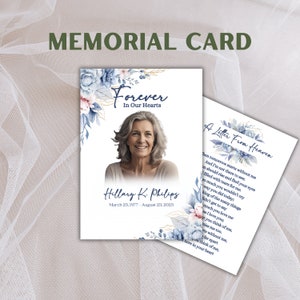 Cartões de oração personalizados | Lembrança Memorial 'Floral Azul' | Lembrança Funeral | Impresso | Laminado ou cartolina