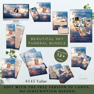 Beautiful Sky Funeral Program Bundle Deal, Forfait nécrologique commémoratif, Panneau de bienvenue funéraire, Marque-livre, Cartes de remerciement, Annonce