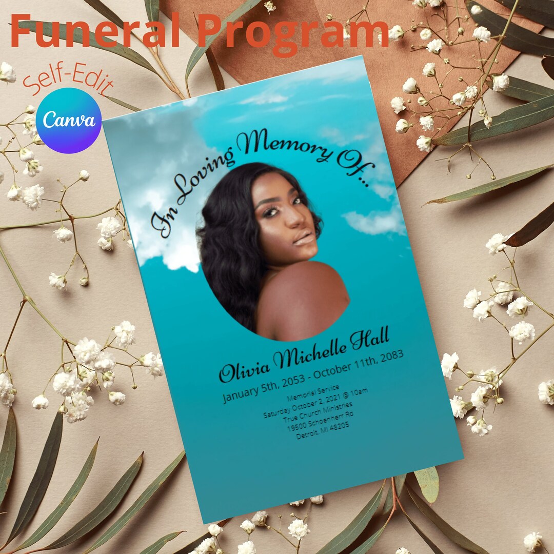 Blue Funeral Program Template Obituary With Clouds in Loving Etsy